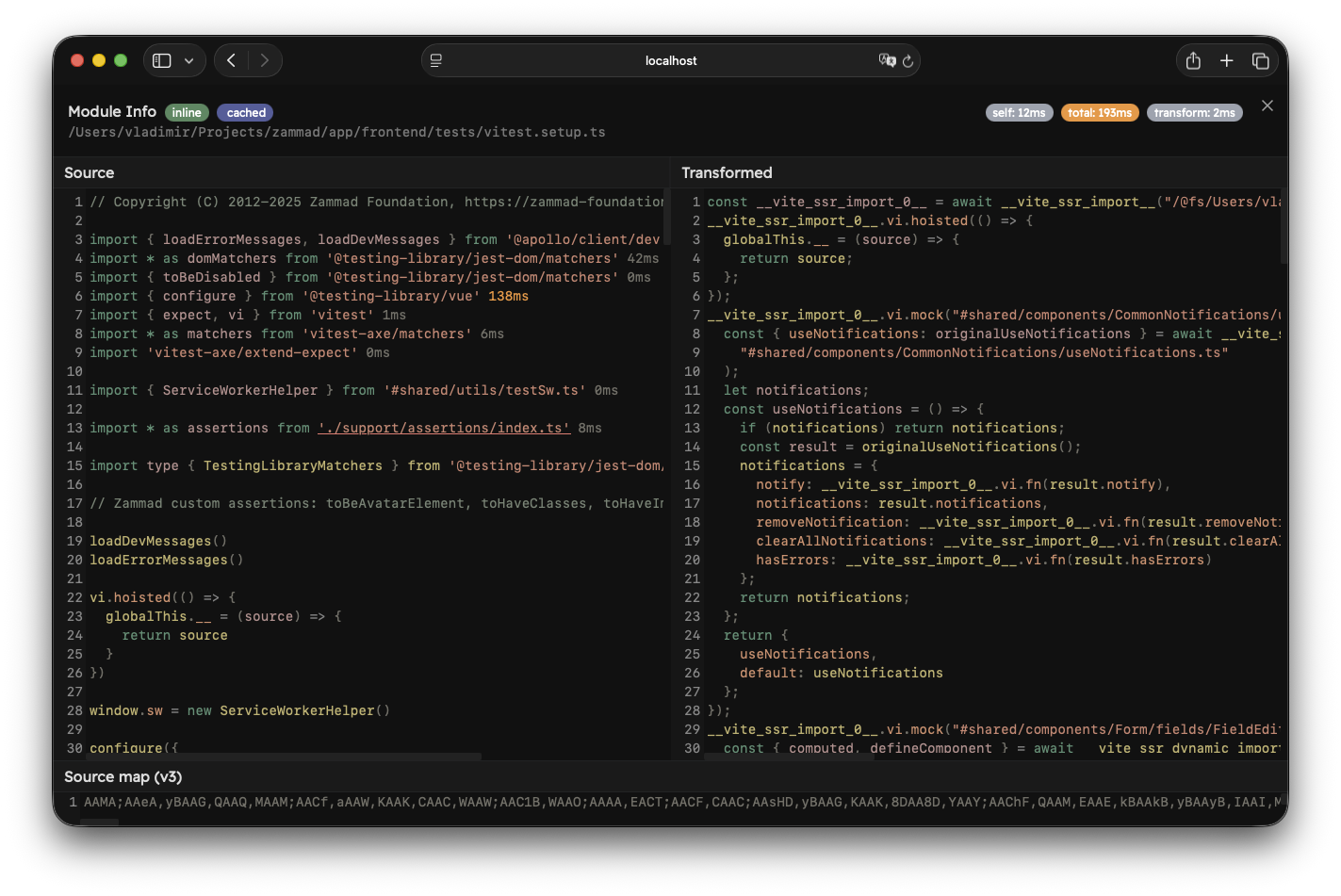 The module info view for an internal module
